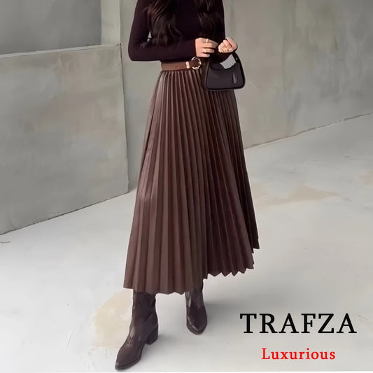 Autumn Skirt, Long Plaid Skirt/Tartan Midi Maxi Skirt/Vintage Swing Skirt/Line Flared Skirt/Fall Winter/TRAFZA Vintage Casual Pleated Long Skirts Women High Waist Pleated Long Satin Skirts Fashion.