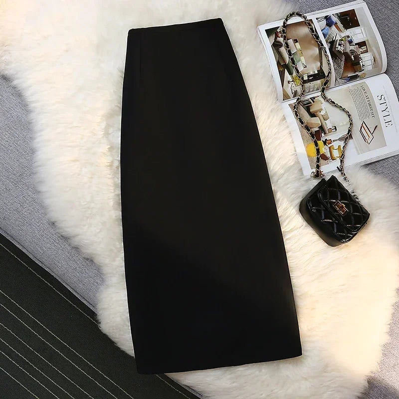 Fashion Mid~Calf  Elegant Formal Skirt’s/New Stretch High Waist Drape Suit Long Brown Skirt Zipper.