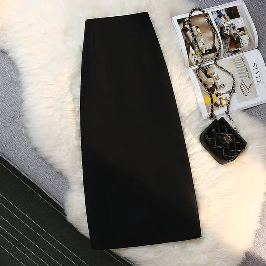 Fashion Mid~Calf  Elegant Formal Skirt’s/New Stretch High Waist Drape Suit Long Brown Skirt Zipper.