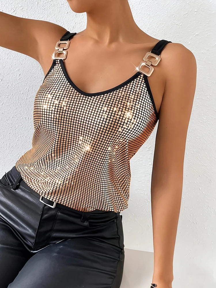 Disco Sequined Nightclub Tank Top/V~Neck Shiny Layered Camisole Blouse/Elastic Strapped Tank Top.
