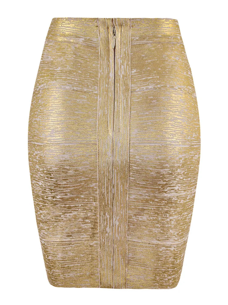 Gold Metallic High-Waist Bodycon Midi Skirt for Women – Stretch Fitted Pencil Skirt