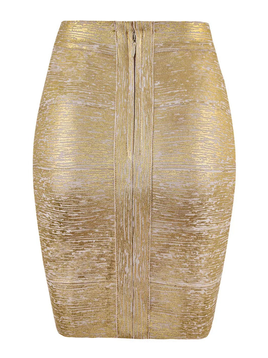 Gold Metallic High-Waist Bodycon Midi Skirt for Women – Stretch Fitted Pencil Skirt