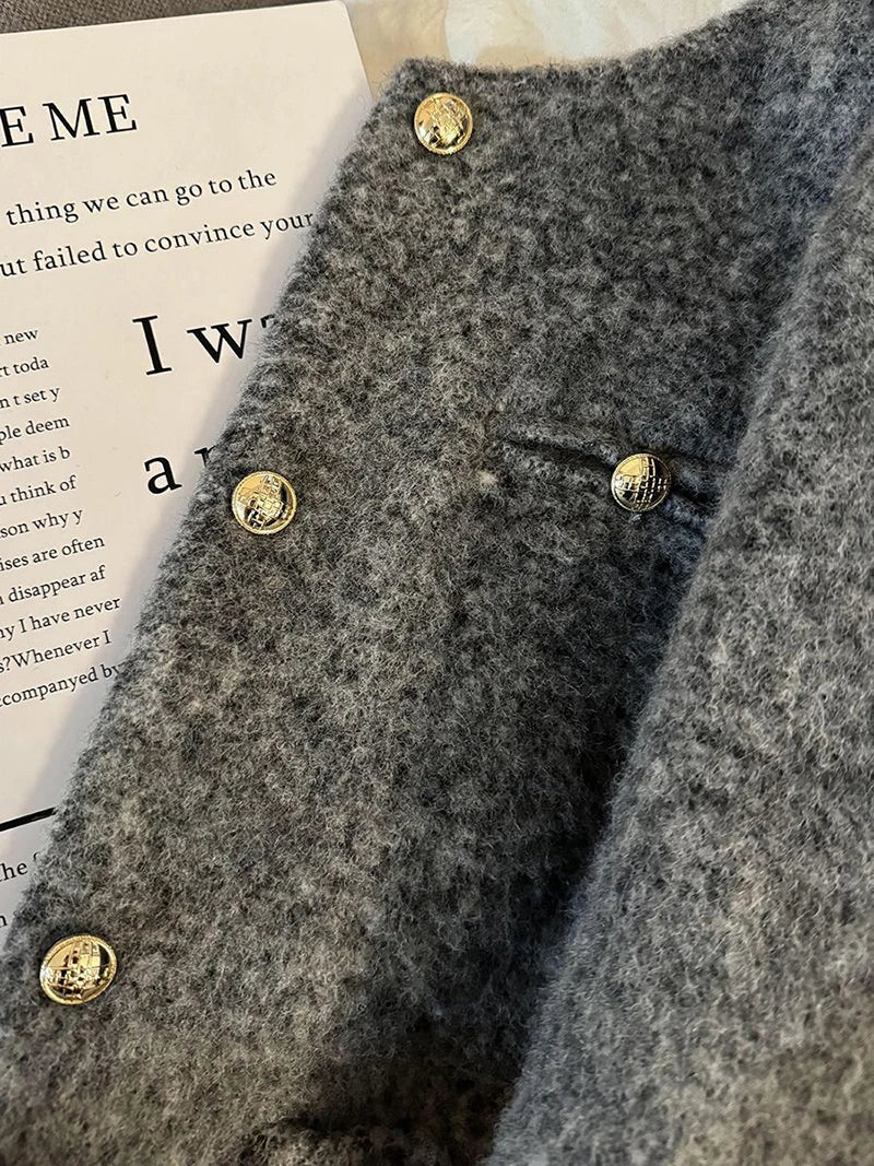 Women’s Thick Wool-Blend Jacket with Gold Buttons – Structured O-Neck Vintage Coat | Autumn Winter 2025