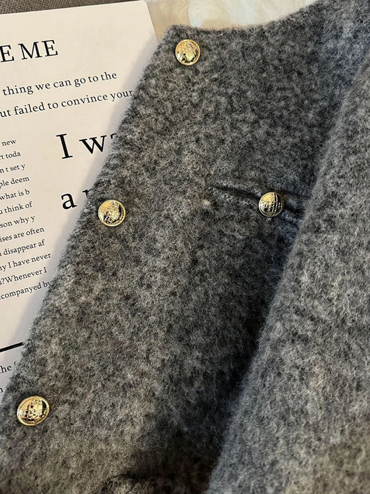 Women’s Thick Wool-Blend Jacket with Gold Buttons – Structured O-Neck Vintage Coat | Autumn Winter 2025
