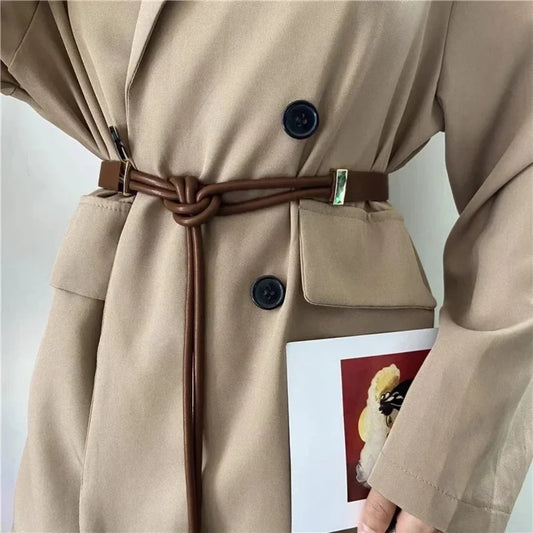 Fashioned Non-Hole Knot Belt/Style Belts PU Leather/Solid Color/Thin Lace-up Waist Strapped.