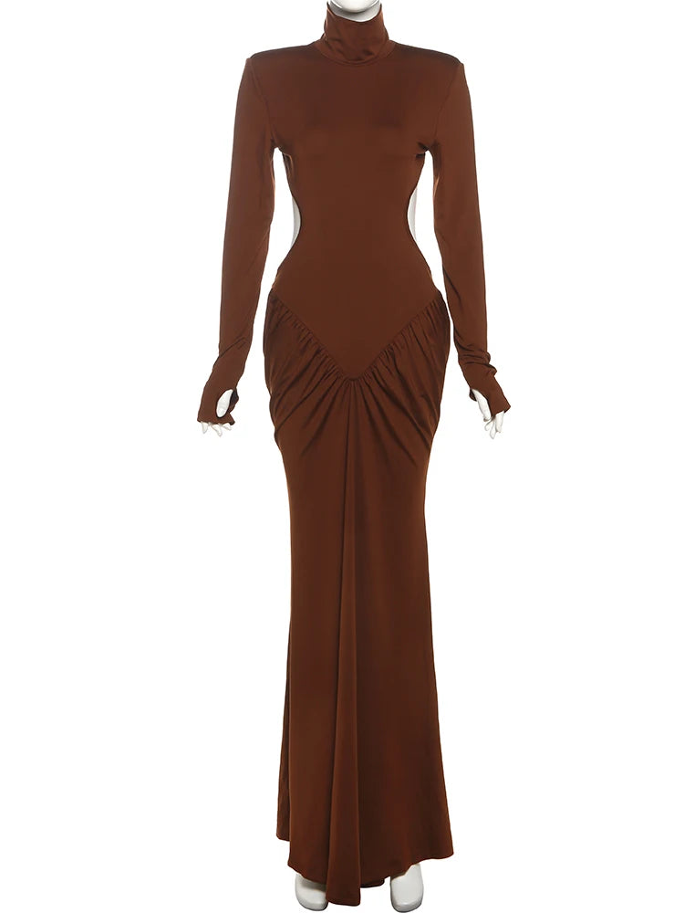 Luxurious Pullover Puss Dress/Backless Maxi Dress/Women Shoulder Pad’s/Long Sleeve Waistless/Peach Buttocks/Ruched Elegant Banquet/Ruffle Designed.