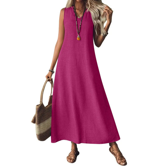 Trendy Solid V-Neck Loose Dress/Sleeveless V Neck Pullover Dresses/Holiday Beach Skirt Robe.