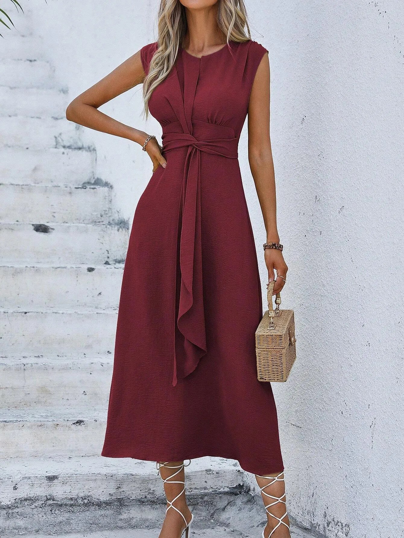 Elegant Sleeveless Waist Tie Midi Dress for Women – Romantic Vacation A-Line Summer Dress | Casual Chic Date Night Outfit | Modern Blend Boutique