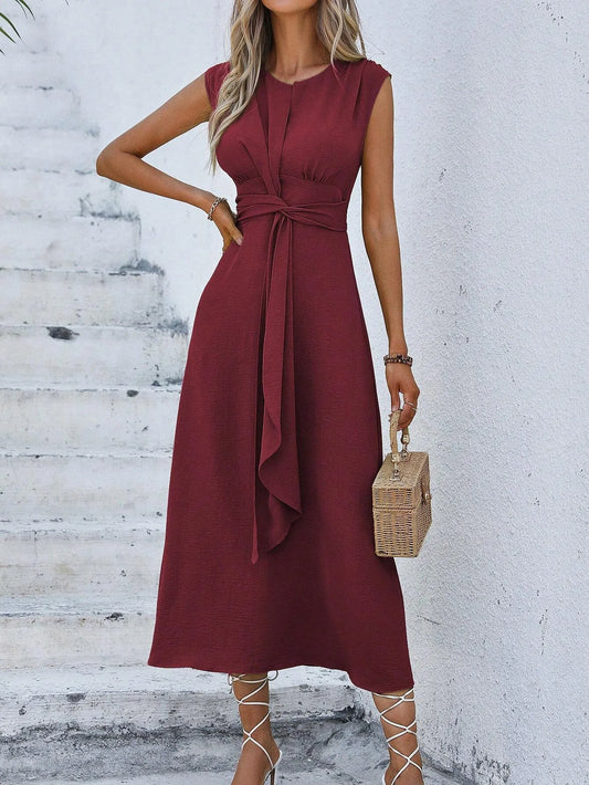 Elegant Sleeveless Waist Tie Midi Dress for Women – Romantic Vacation A-Line Summer Dress | Casual Chic Date Night Outfit | Modern Blend Boutique
