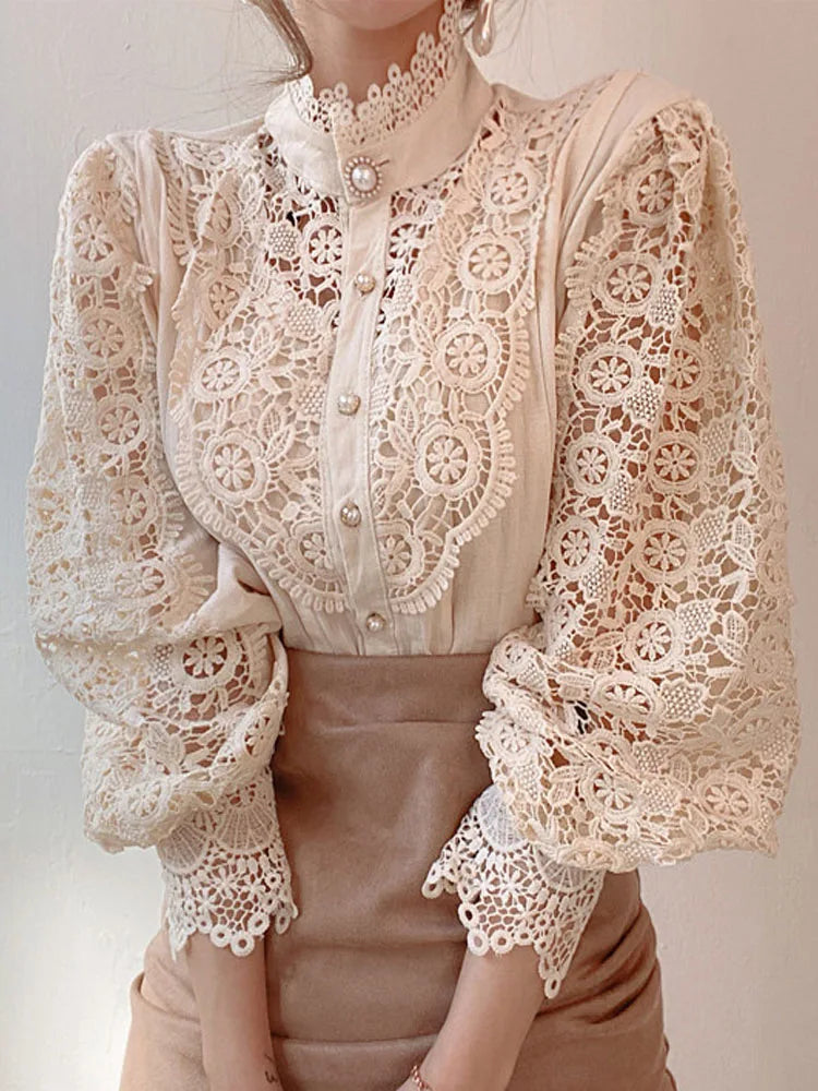Hollow Out Long Sleeved Lace Blouse/Solid Tatting Craft Designed/Broad Clothed Single Breasted Blouse