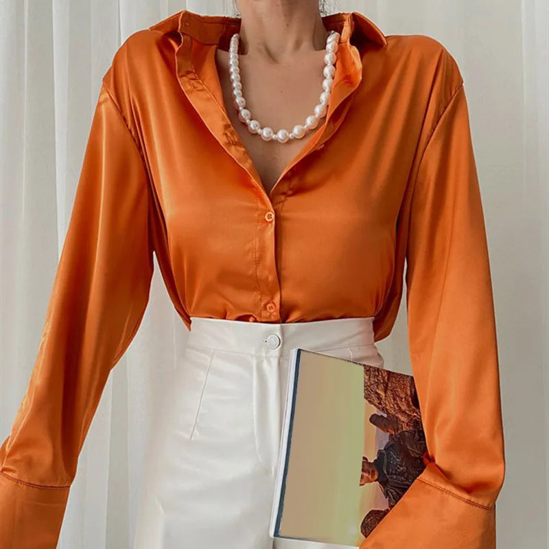 Satin Long Sleeve Blouses/Autumn Vintage Orange Green Silk Shirt Casual Loose Button Up.