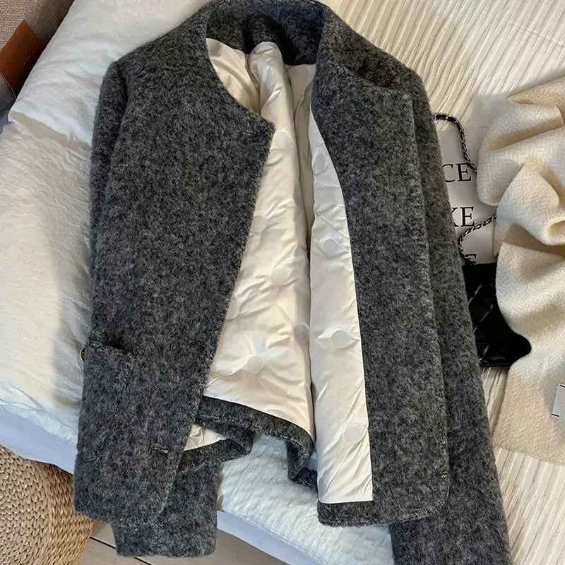 Women’s Thick Wool-Blend Jacket with Gold Buttons – Structured O-Neck Vintage Coat | Autumn Winter 2025