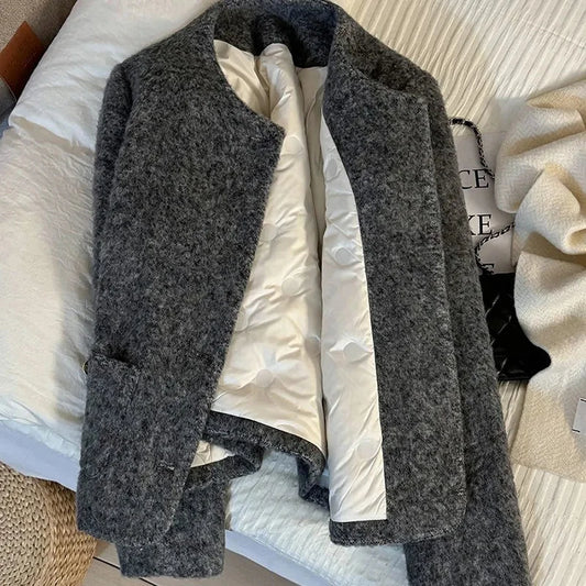 Women’s Thick Wool-Blend Jacket with Gold Buttons – Structured O-Neck Vintage Coat | Autumn Winter 2025