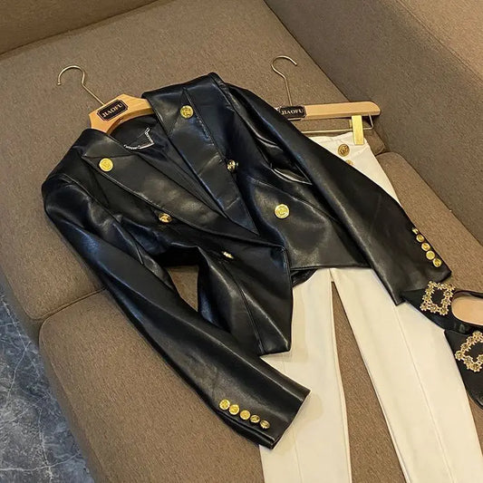 Luxury Faux Leather Tailored Blazer with Gold Buttons | Women’s Structured Vegan Leather Jacket