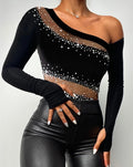 New Fashion Rhinestone Top/Bandeau Sheer Mesh/Slim Fit Long Sleeve Tee Sexy Skinny Daily T-Shirt Top.