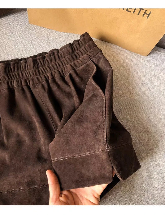 Women’s Brown Faux Suede Shorts – Elastic Waist Soft Leather-Look Fall Boutique Shorts