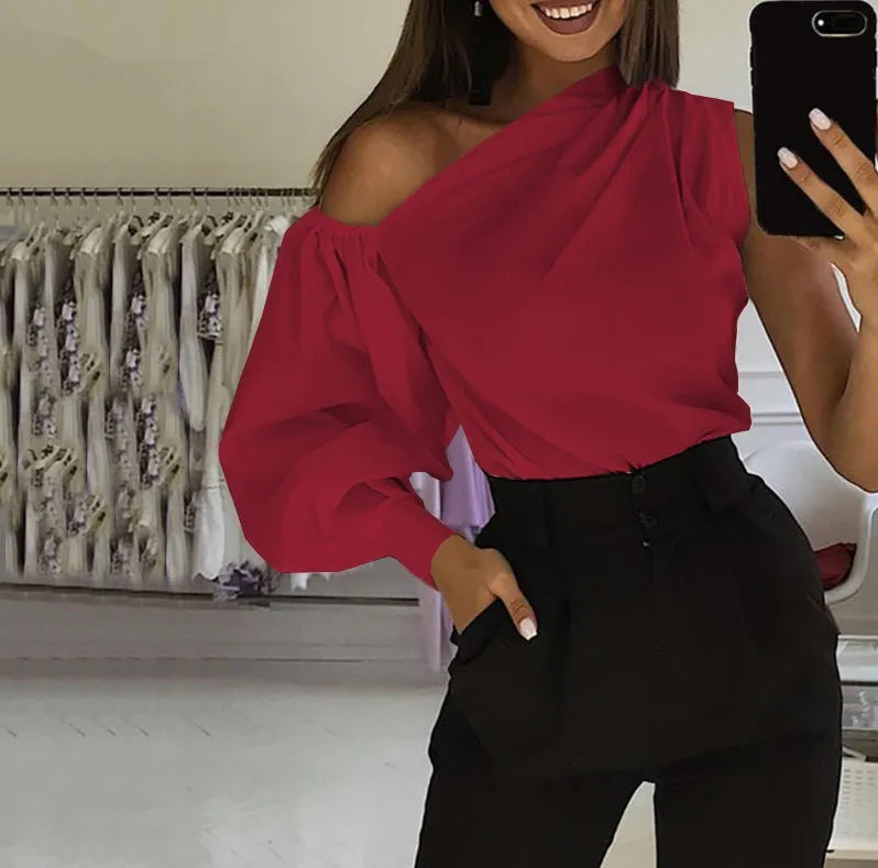 Women's Solid Color Oblique/Shoulder fit long Sleeve. For casual use/Off Shoulder design. Female Fashion Lantern Long Sleeve Shirts.