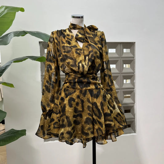 Hot Leopard Print Dress/Sexy V-neck/Long Sleeve Mini Dress/Evening Party Dress/Nightclub/Cocktail Gowns.