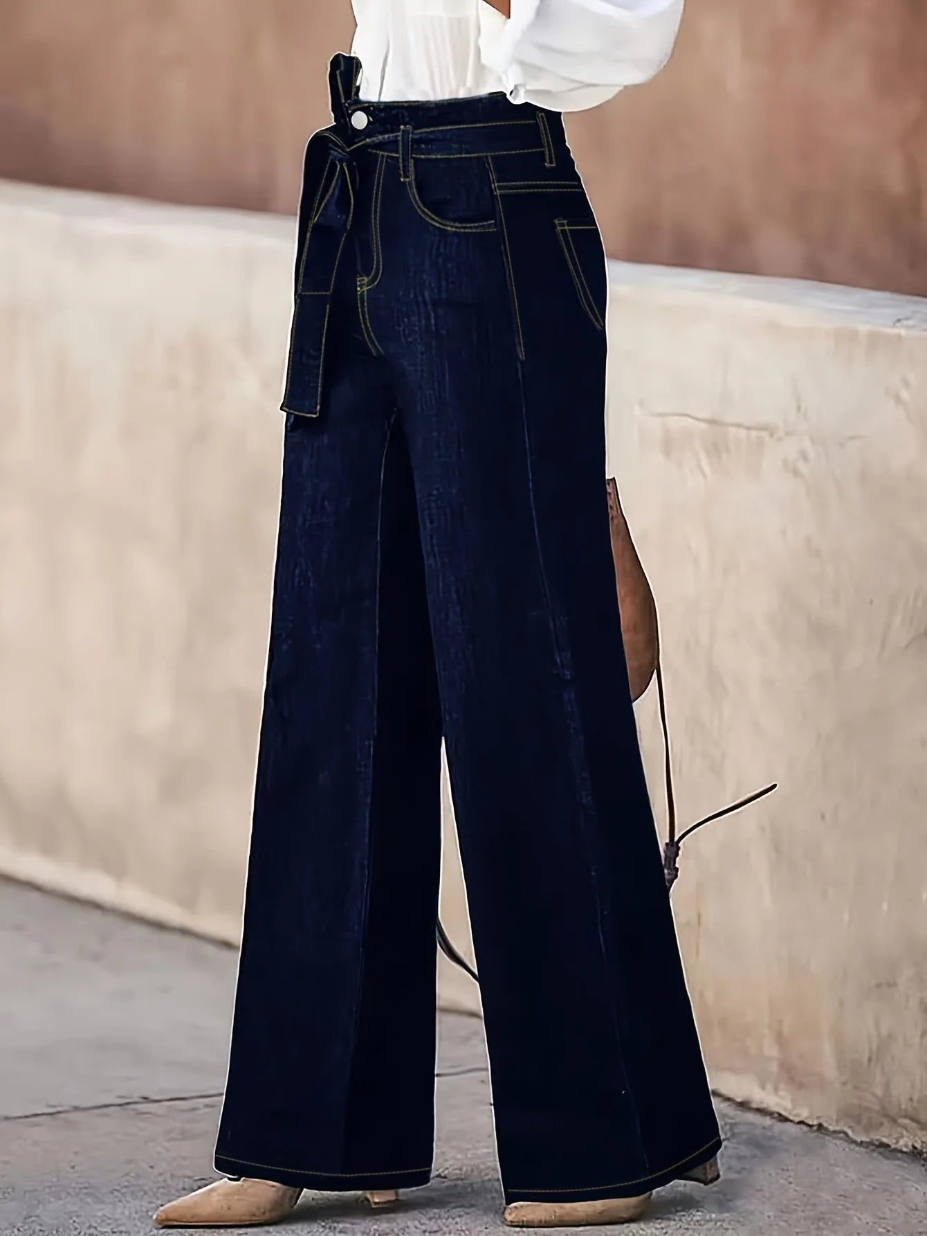 High-Waist Wide-Leg Denim Trousers with Tie Belt – Dark Wash Elegant Jeans