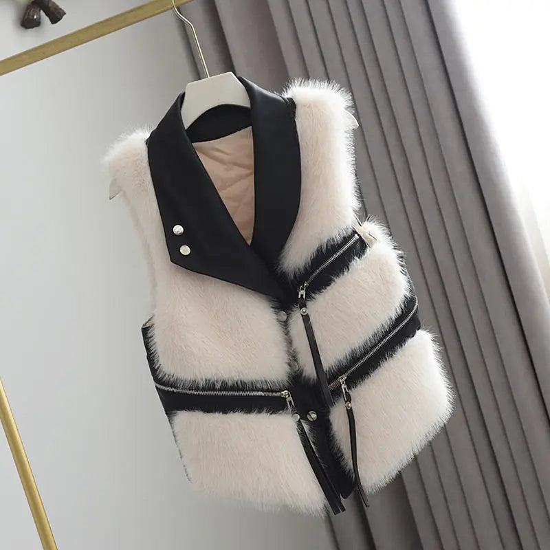Autumn Winter New Women Fur Grass Coat/Vests V-Neck Solid ButtonZipper/ Simplicity Fashion Luxury Loose/Sleeveless Cardigan Coat.