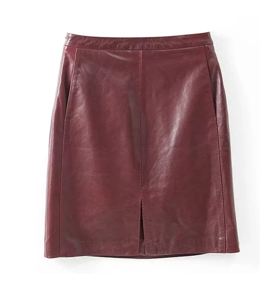 Burgundy Faux Leather Mini Skirt with Front Slit – High-Waist Vegan Leather Skirt