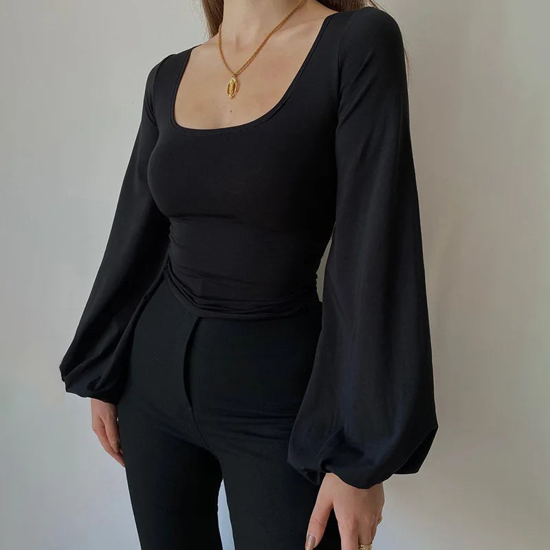 Stunning Black Puffy Blouse/Square Collar Slim Solid T-shirt. Stretched Sized Blended Fabric.