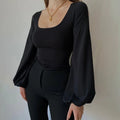 Stunning Black Puffy Blouse/Square Collar Slim Solid T-shirt. Stretched Sized Blended Fabric.