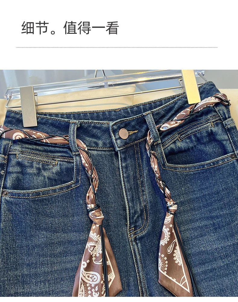 Luxury High-Waist Wide-Leg Denim Jeans with Boho Scarf Tie & Beaded Drawstring | Modern Blend Boutique