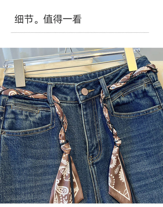 Luxury High-Waist Wide-Leg Denim Jeans with Boho Scarf Tie & Beaded Drawstring | Modern Blend Boutique