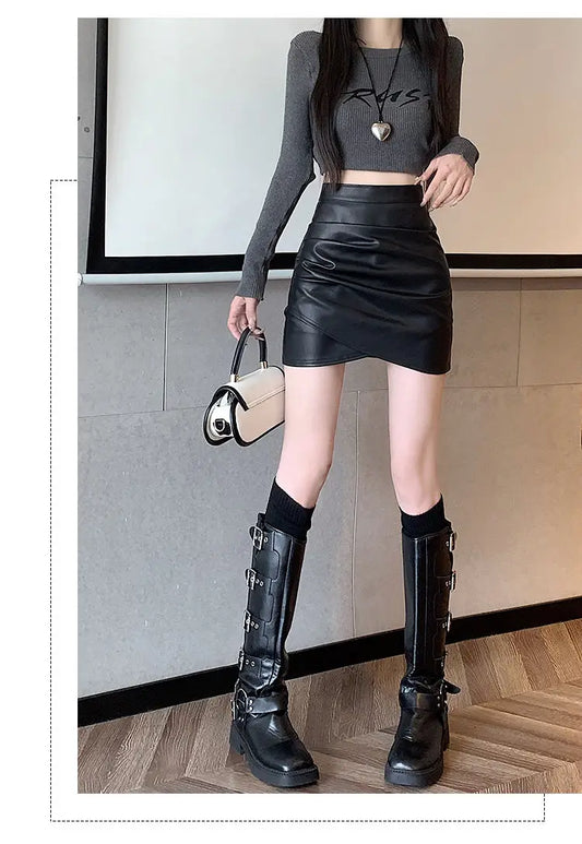 High-Waist Faux Leather Bodycon Mini Skirt – Ruched Slim Fit PU Leather Wrap Skirt for Women