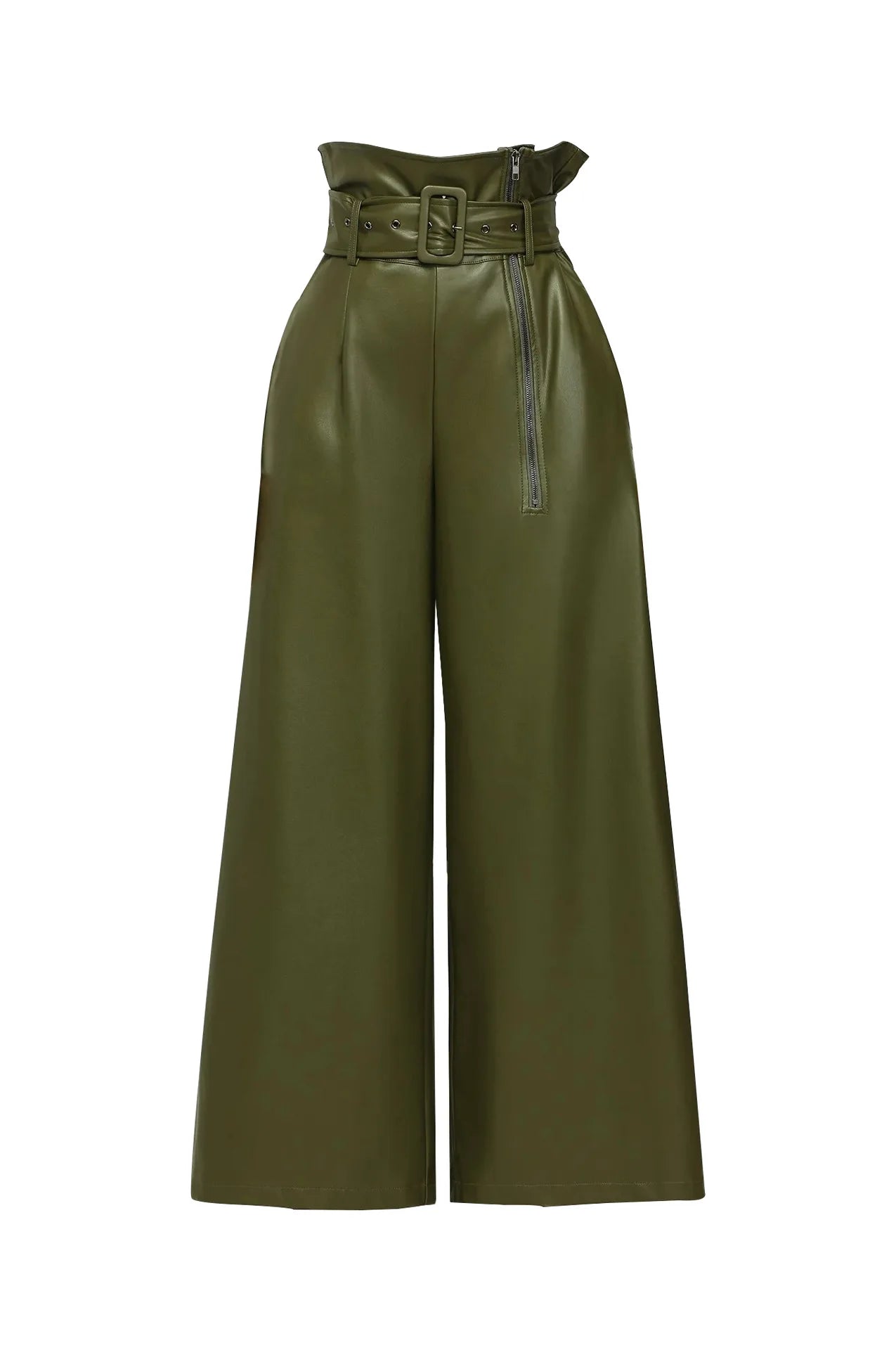 High-Waist Faux Leather Wide-Leg Pants with Belt – Elegant Statement Trousers
