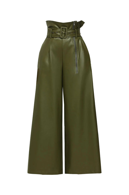 High-Waist Faux Leather Wide-Leg Pants with Belt – Elegant Statement Trousers