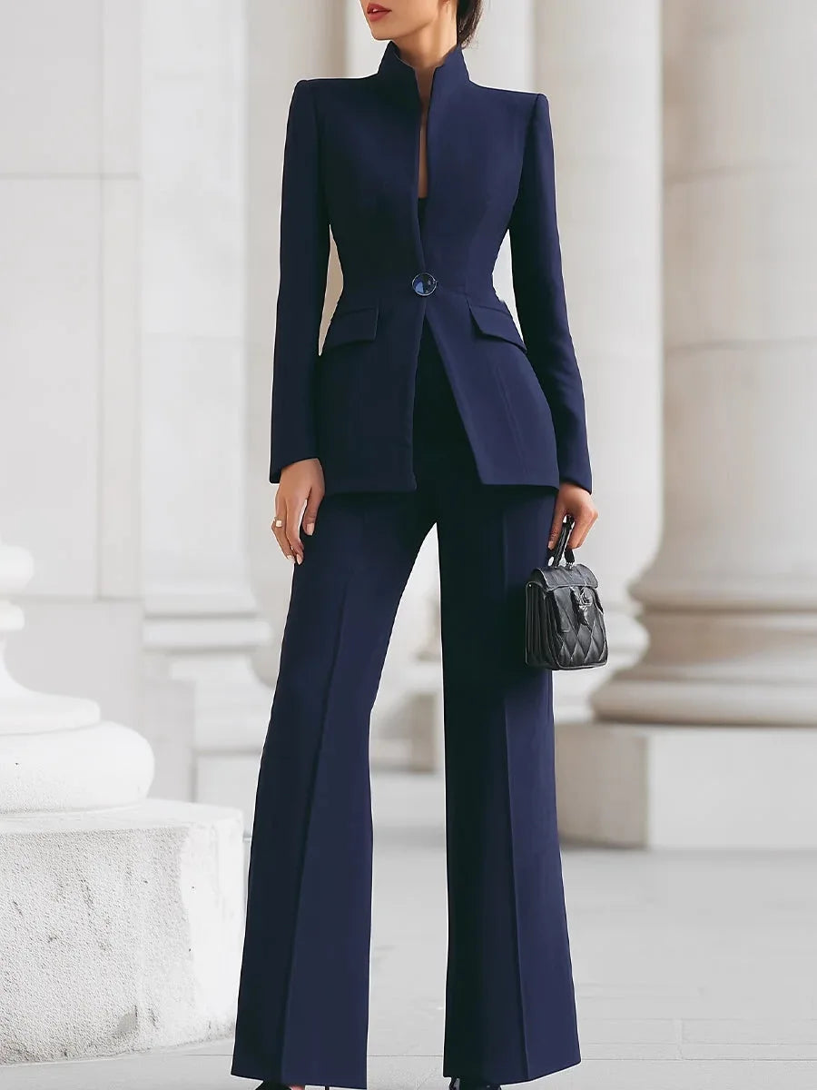Two-Piece Women’s Tailored Pant Set – Elegant Solid Matching Blazer & Pants