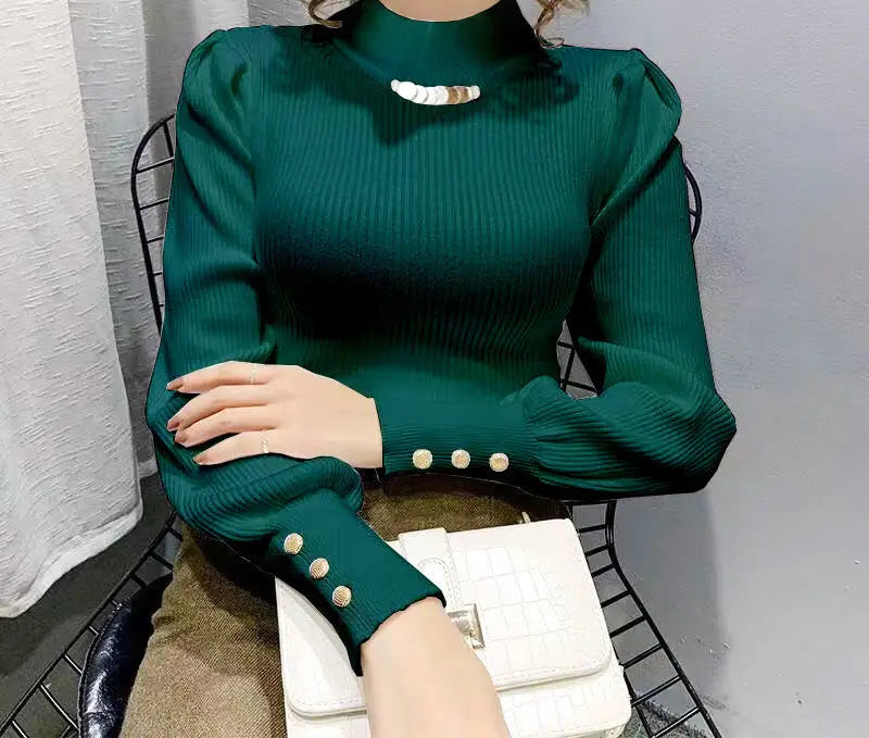 Elegant Solid Colored Button Sleeve Sweater’s/Women's Clothing/Autumn Winter Loose All-match Pullover’s.