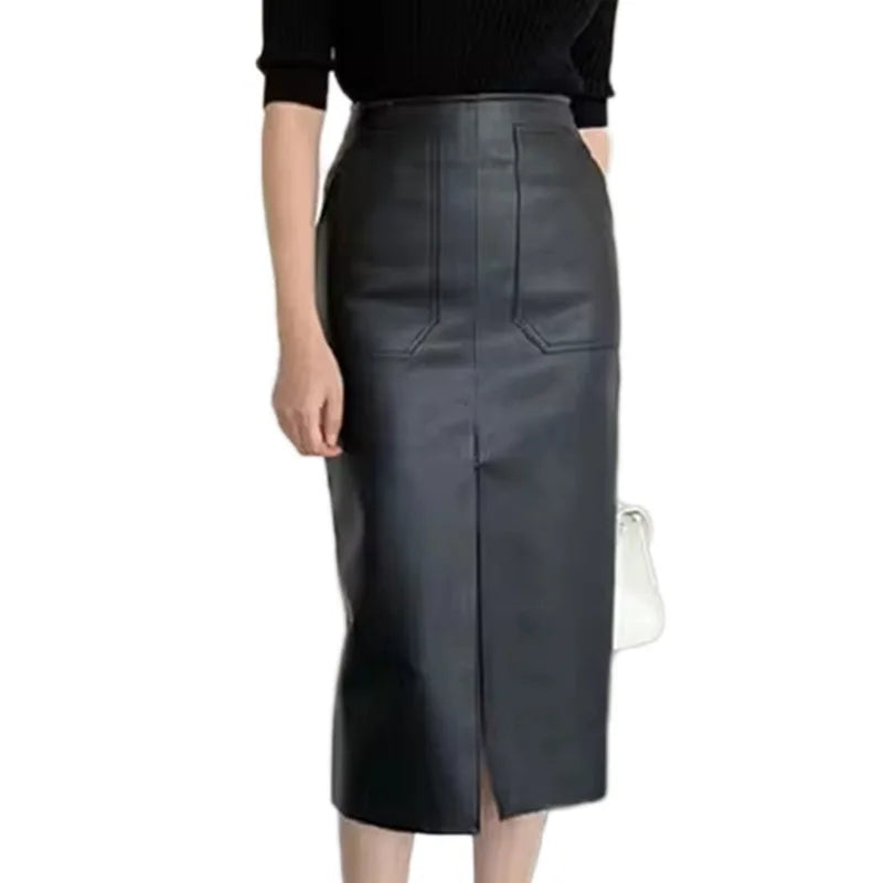 Modern Blend Boutique Women’s High-Waisted Faux Leather Midi Pencil Skirt – Elegant Front Slit, Slim Fit PU Leather Skirt, Timeless Chic Office & Evening Wear