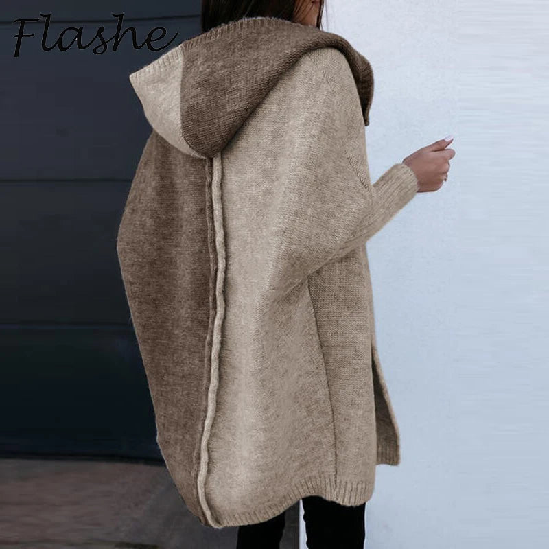 Two Tone Hooded Knit Cardigan for Women | Long Winter Patchwork Sweater | Modern Blend Boutique