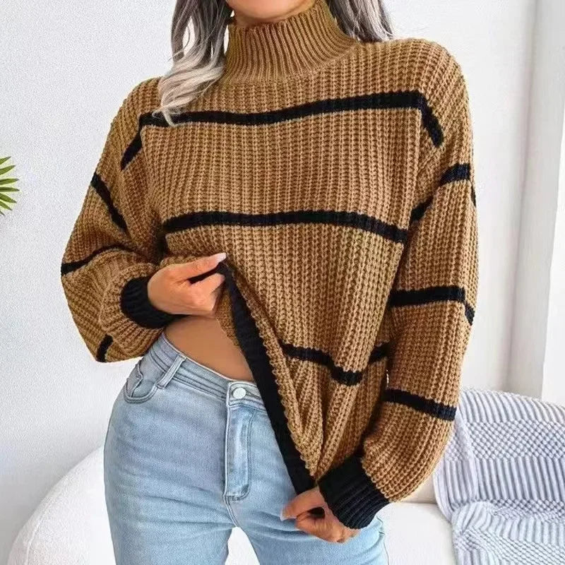Solid Striped Pullover Turtleneck/Loose fitting Sweater/Long Sleeved Knitted Sweater/High Neck Warm Pullover Knitwears Top.