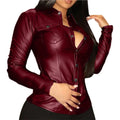 Alluring PU Leather Top/Loose V-neck Long Sleeved Button Up Blouse/Faux Leather Top Streetwear.