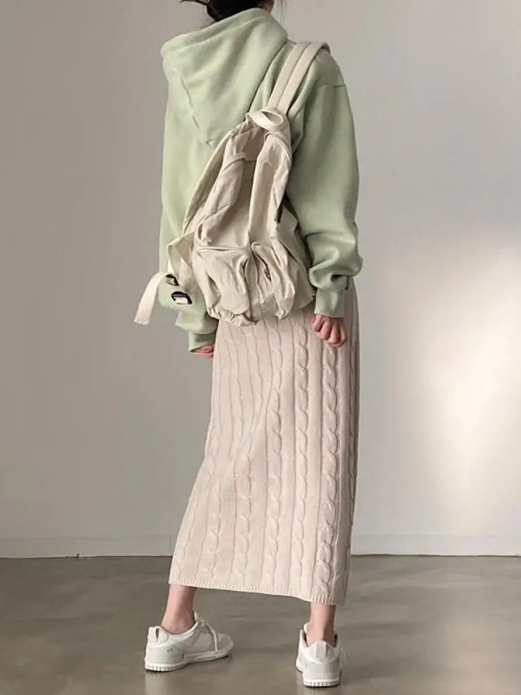 Solid Cotton Cable Crochet Skirts/Slim Fitted Fashion/Long Skirt Vintage/Elastic High Waisted Straight Skirt.