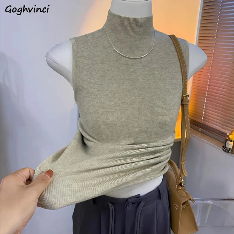 Knitted turtleneck sweater/Women Half High Collar Fashion/Autumn Basic Slim Sleeveless Sweaters/All-match Ulzzang Leisure Knitting. Popular Slightly Stretch.