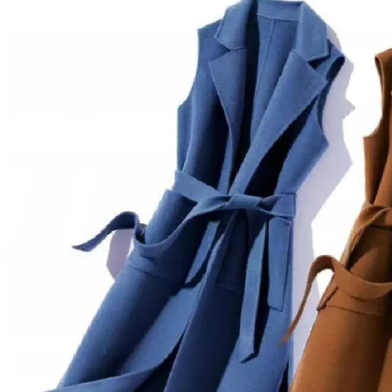 Waist Coat Notch Autumn Winter Jacket/Mid Long Sleeveless/Polo Collar Cotton Vest With Belt/Waist Elegant Casual Coat.