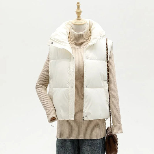 New Autumn Casual Loose Down Cotton Vests Women Stand Collar Short Sleeveless Coats Solid Zipper Waistcoat Winter Warm Vest