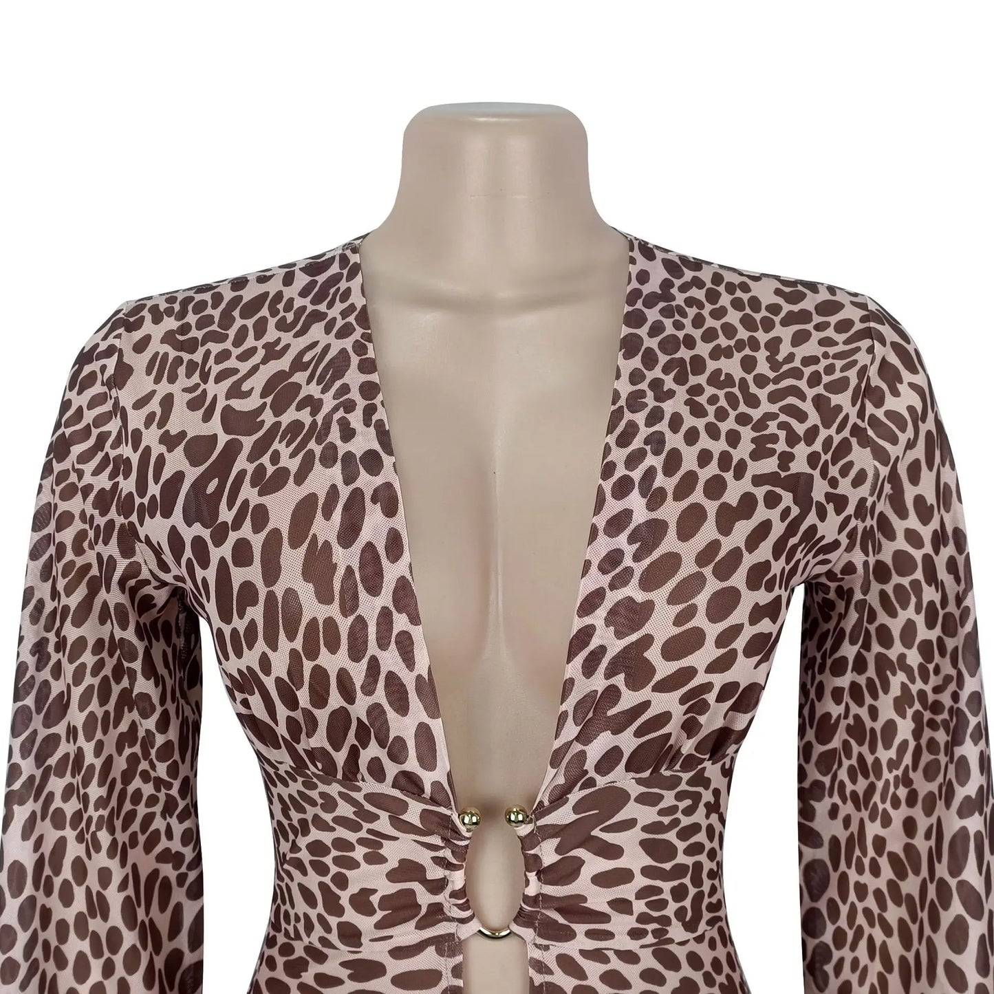 Luxury Leopard Print Cut-Out Maxi Dress – Deep V Long Sleeve Bodycon Gown