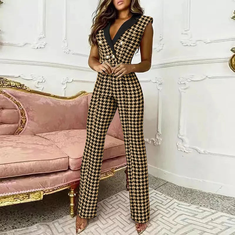 Classy Buttoned Sleeveless Jumpsuit/Houndstooth Printed Jumpsuit/Deep V-Neck Buttoned/Straight Jumpsuit New Elegant Commuting.