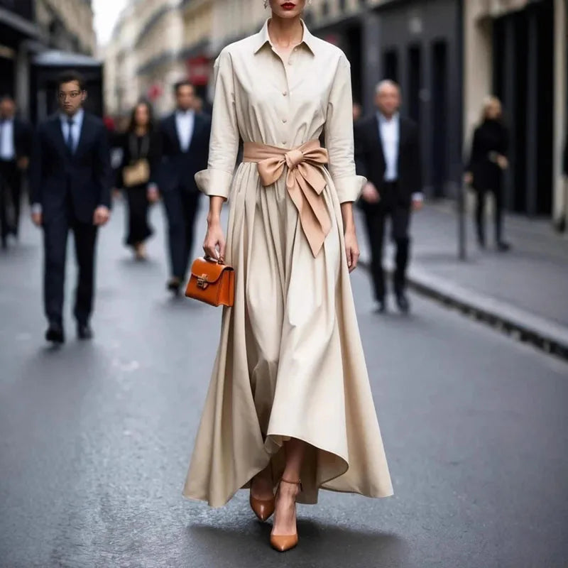 Elegant Single Breasted Bowknot Dress/Model Designed Irregular Fit/Long Sleeve Solid Maxi Dress.