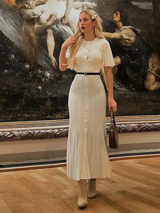 Neutral  Knitted Dress, Short Sleeve High Waist Hip Package. Autumn Chic Robes Lady
