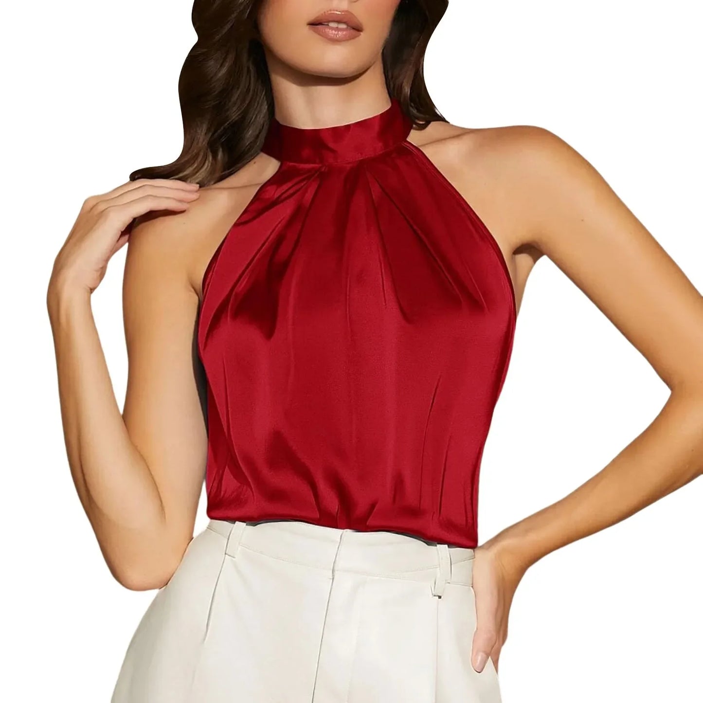Luxury Satin Halter Neck Blouse for Women – Elegant Sleeveless High-Neck Top in Red, Teal & Black