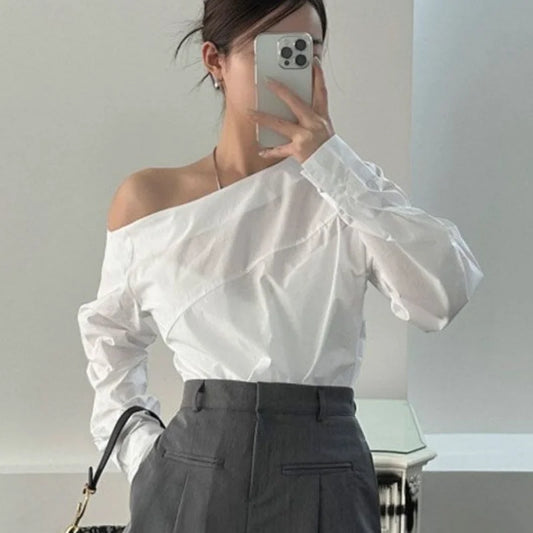 Off White Women Blouse/Fashion Stylish Off Shoulder Shirt/Long Sleeve Cotton Tops.