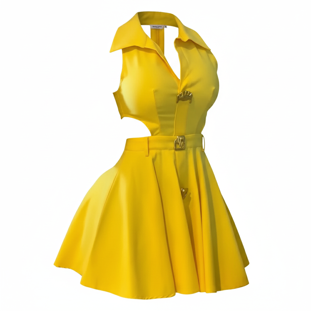 Sleeveless Cut - Out Shirt Dress with Collar Elegant Gold Buckles & Button’s/ Flared Skirt Design – Perfect for Stylish Occasions