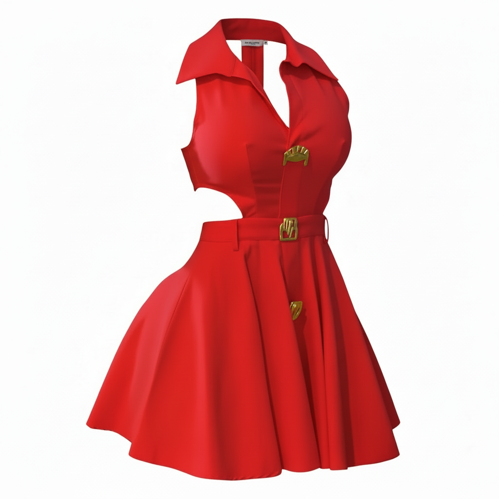 Sleeveless Cut - Out Shirt Dress with Collar Elegant Gold Buckles & Button’s/ Flared Skirt Design – Perfect for Stylish Occasions